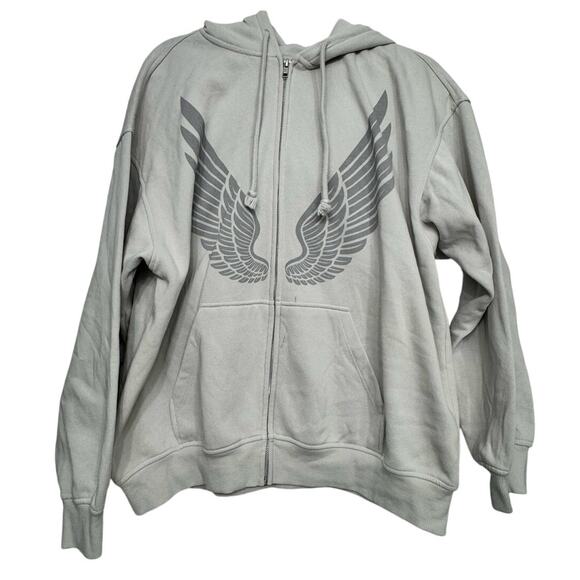H&M Divided Gray Zip Hoodie Wing Graphic Unisex M Angelcore Y2K Streetwear - Picture 1 of 5